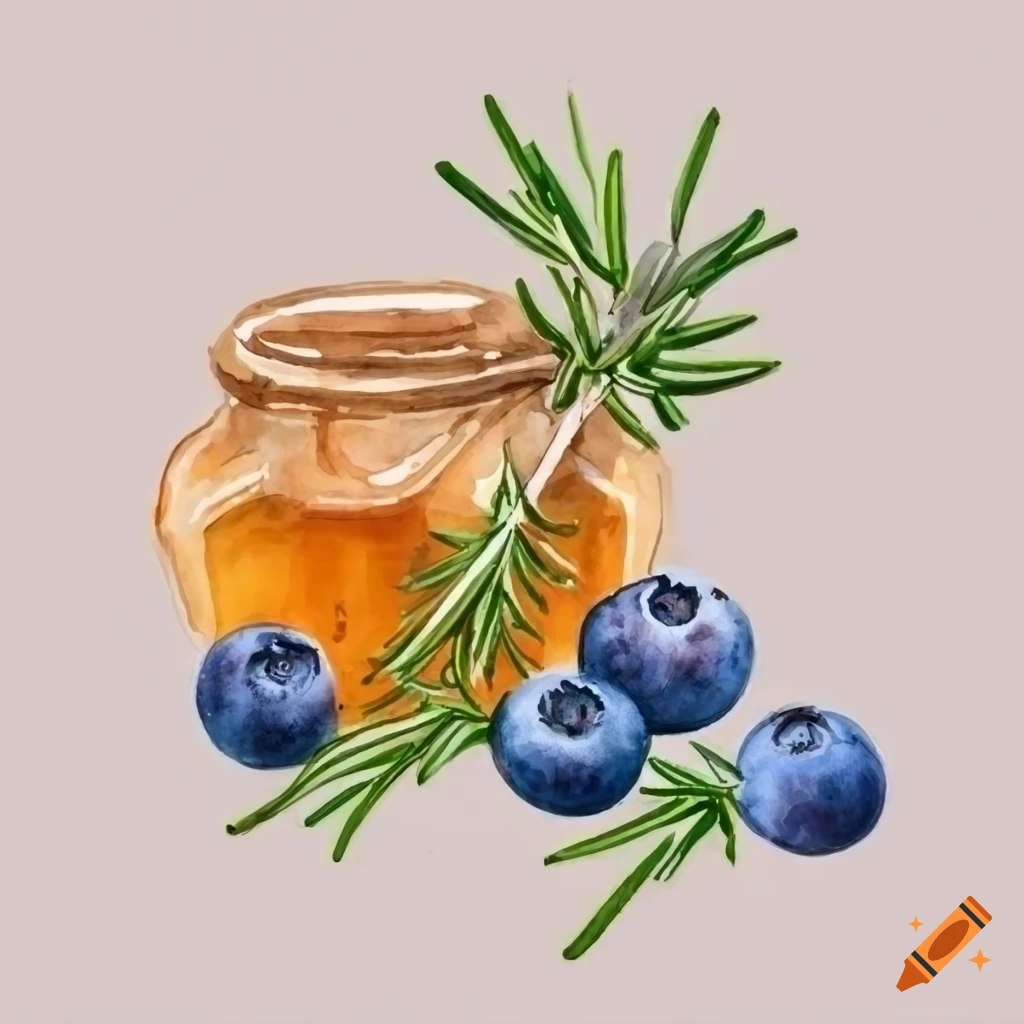 watercolor painting of blueberries, honey, and rosemary