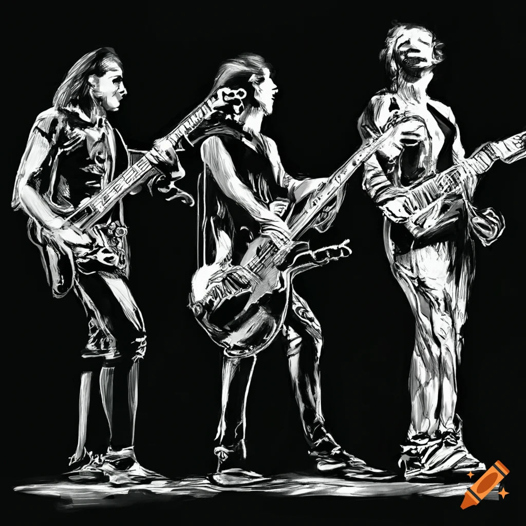 detailed sketch of a rock band performing on stage
