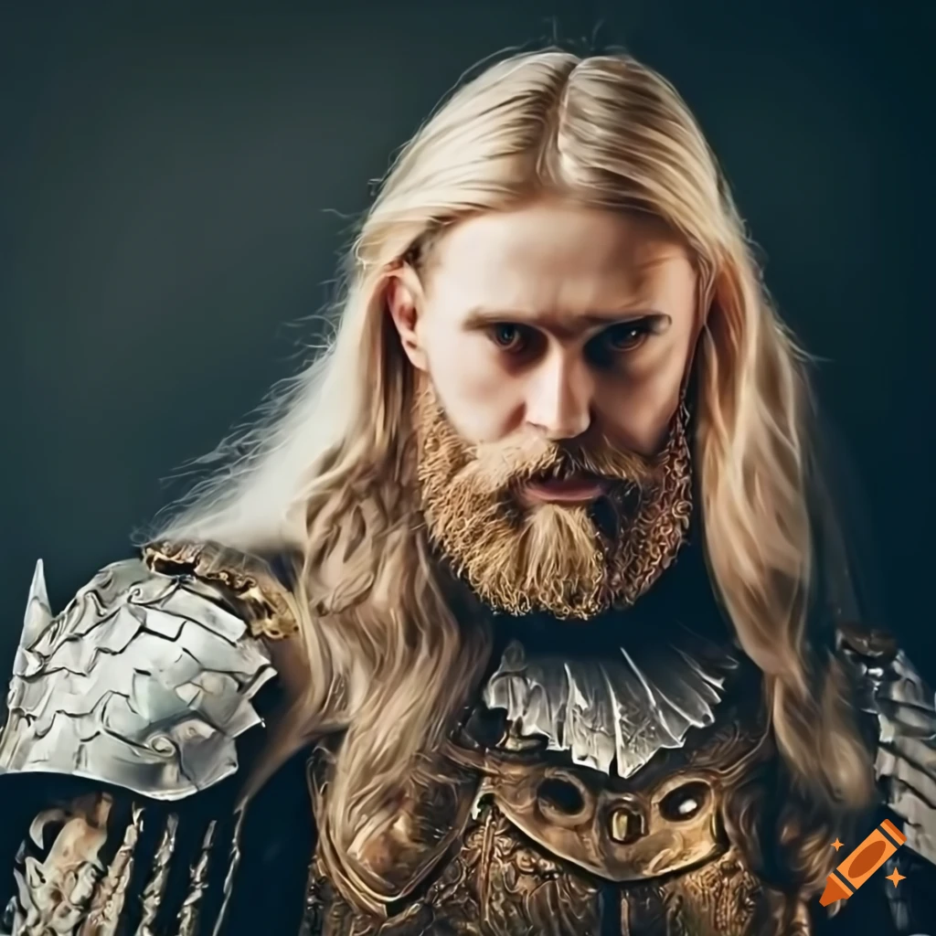 heroic man in dragon armor with blonde hair and beard