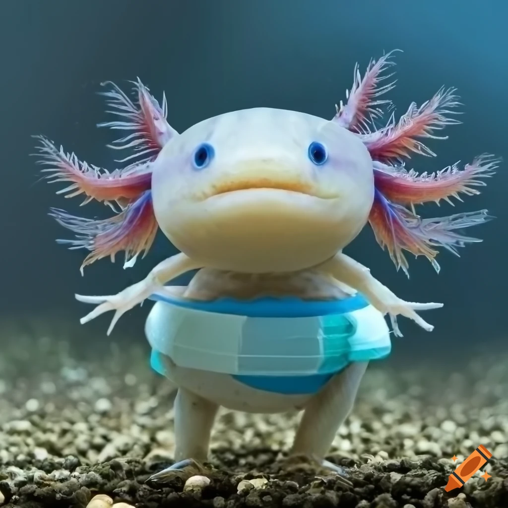 adorable chubby axolotl standing in a gravel riverbed