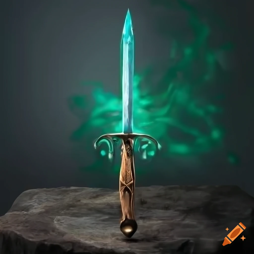 photorealistic image of a sword with a green emerald blade