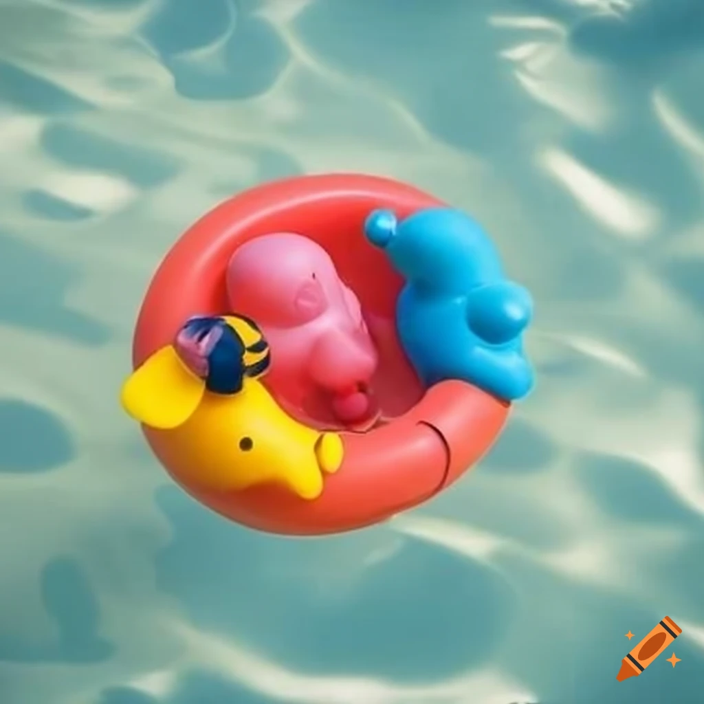 rubber bath toys floating in a pond