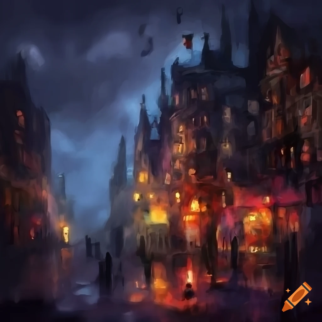 Painting of a bustling dark fantasy city on Craiyon