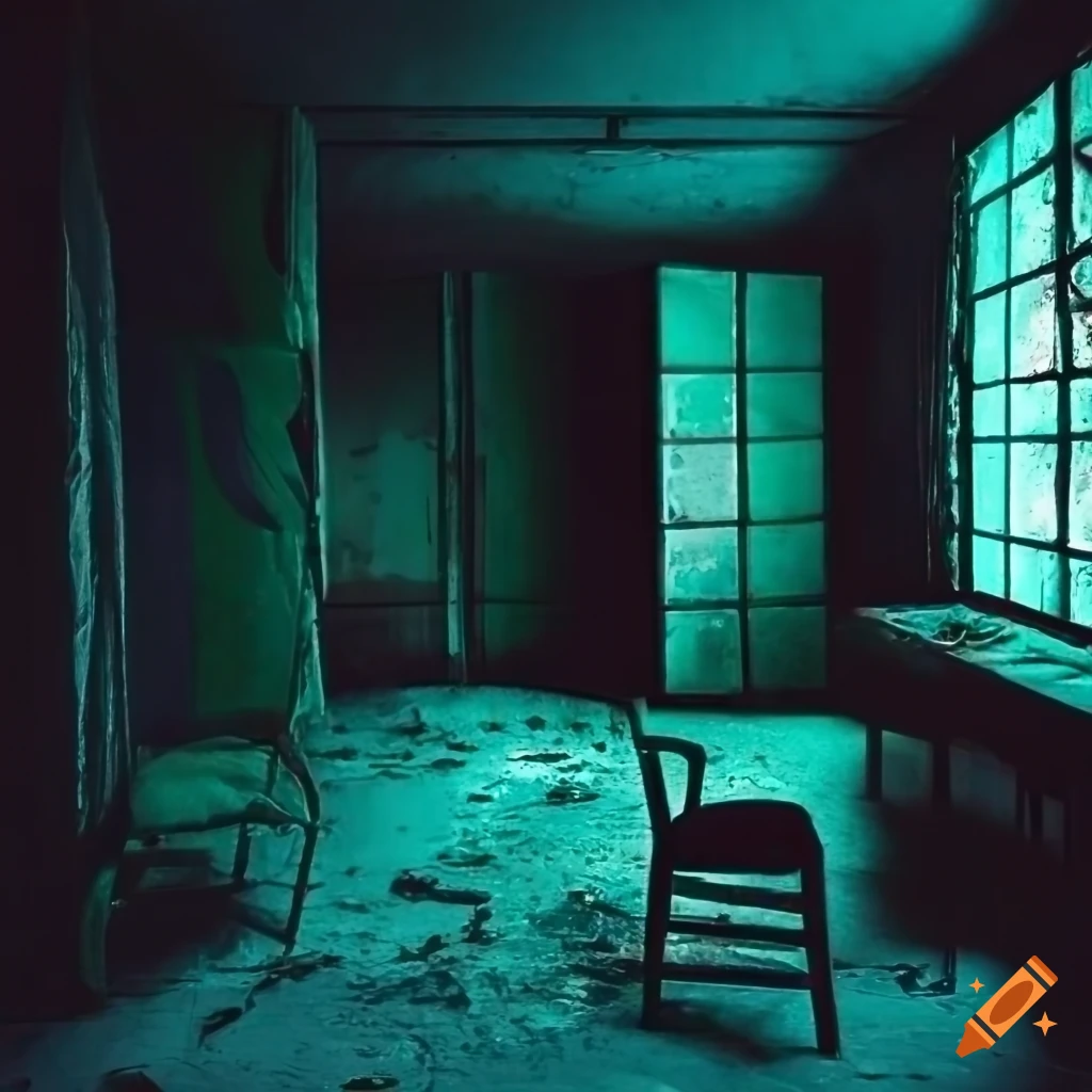 cyan-lit derelict basement with chairs and wardrobes