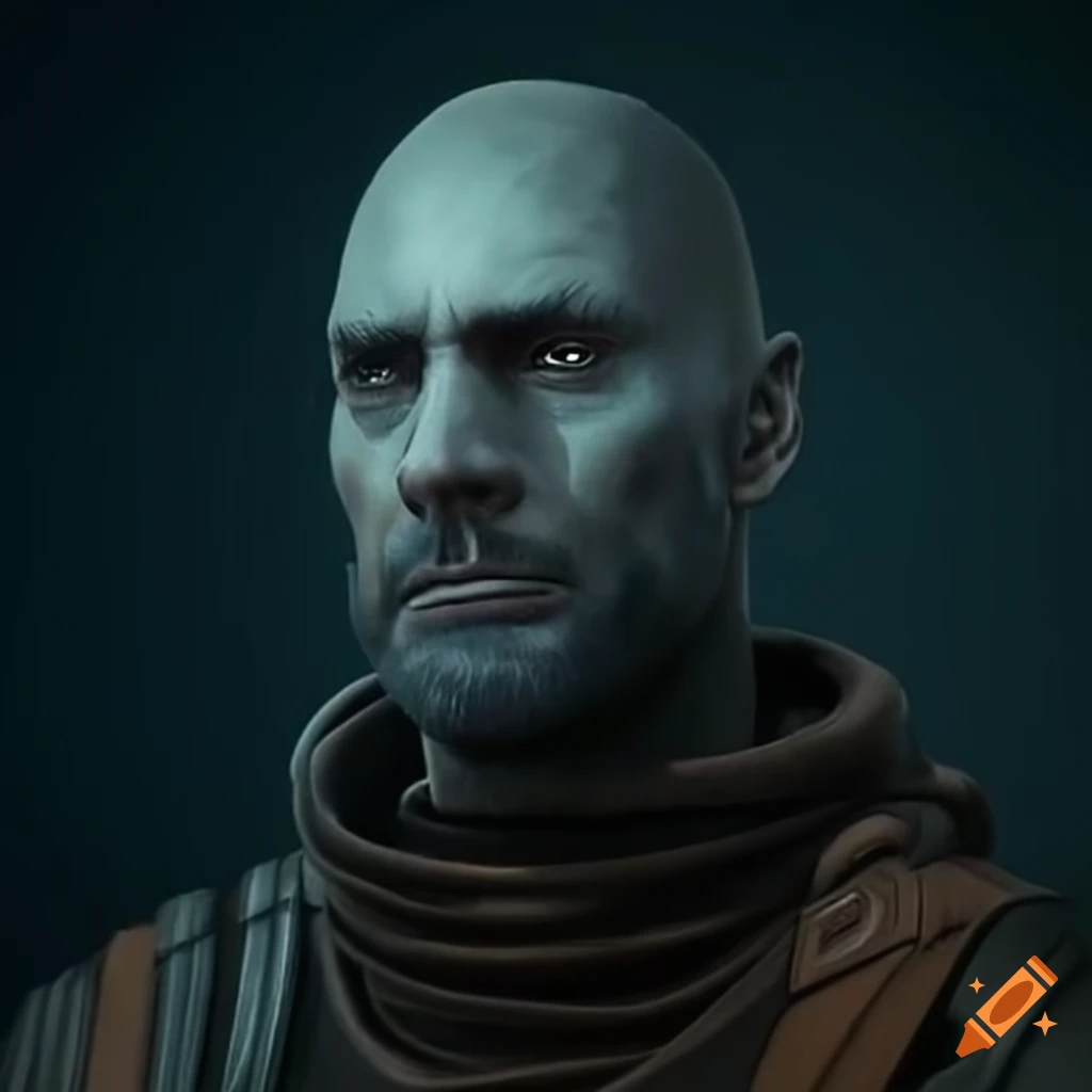 photo of a rugged man with stubble in a sci-fi setting
