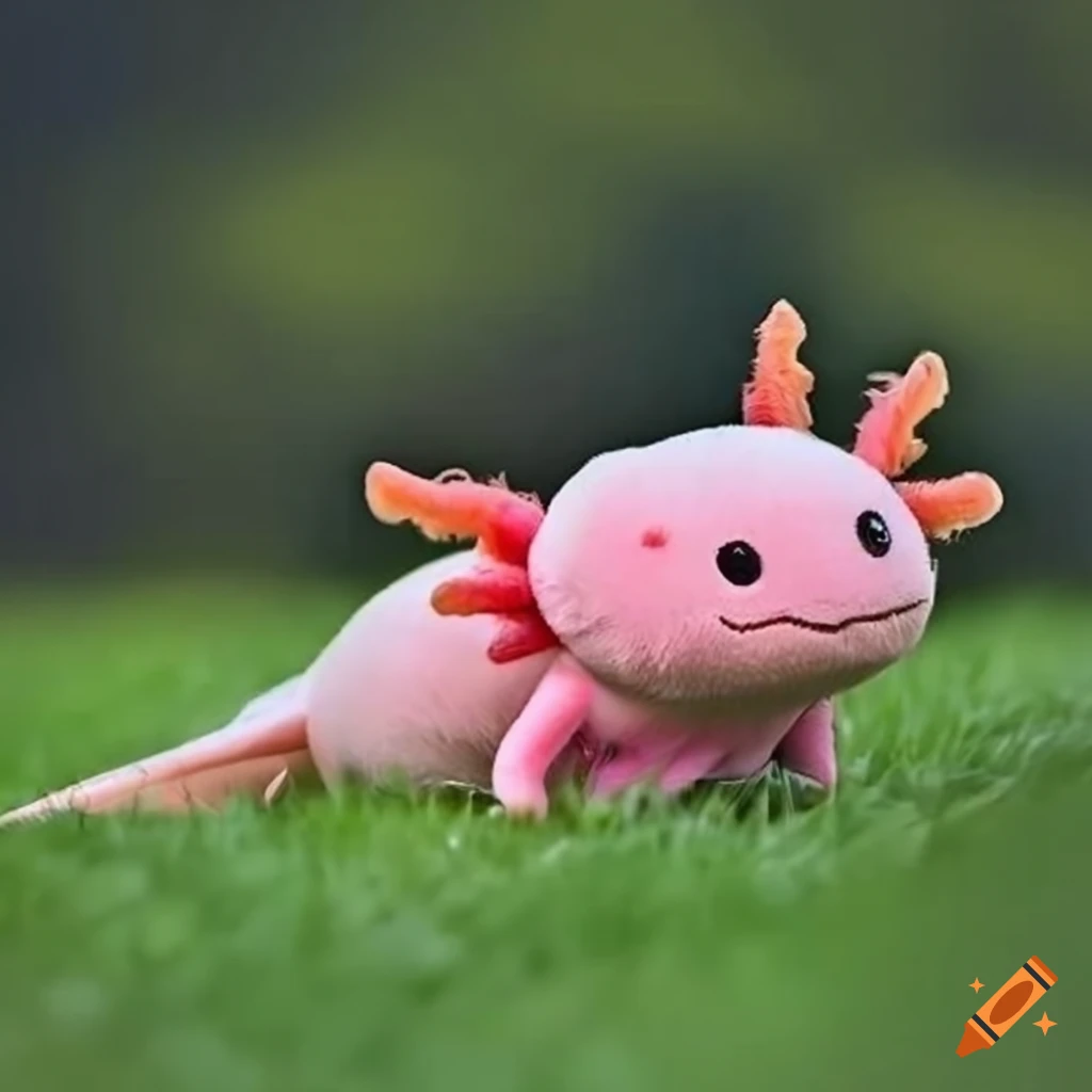 adorable plush axolotl sitting on grass
