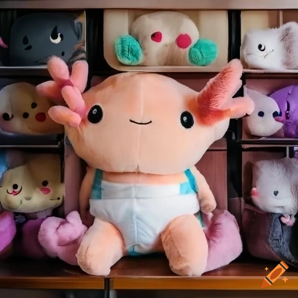 cute axolotl plush mascot sitting on display shelf