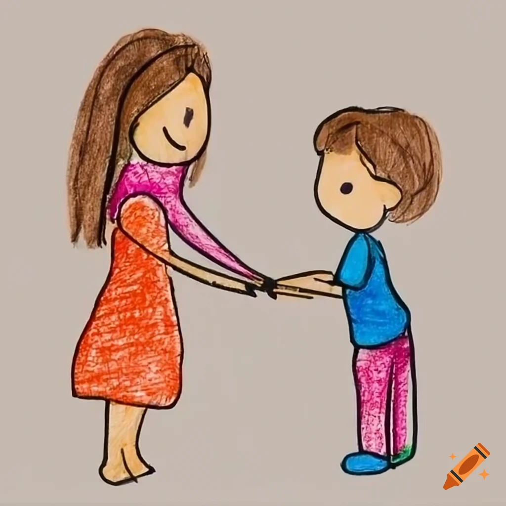 crayon drawing of a child and his mom holding hands