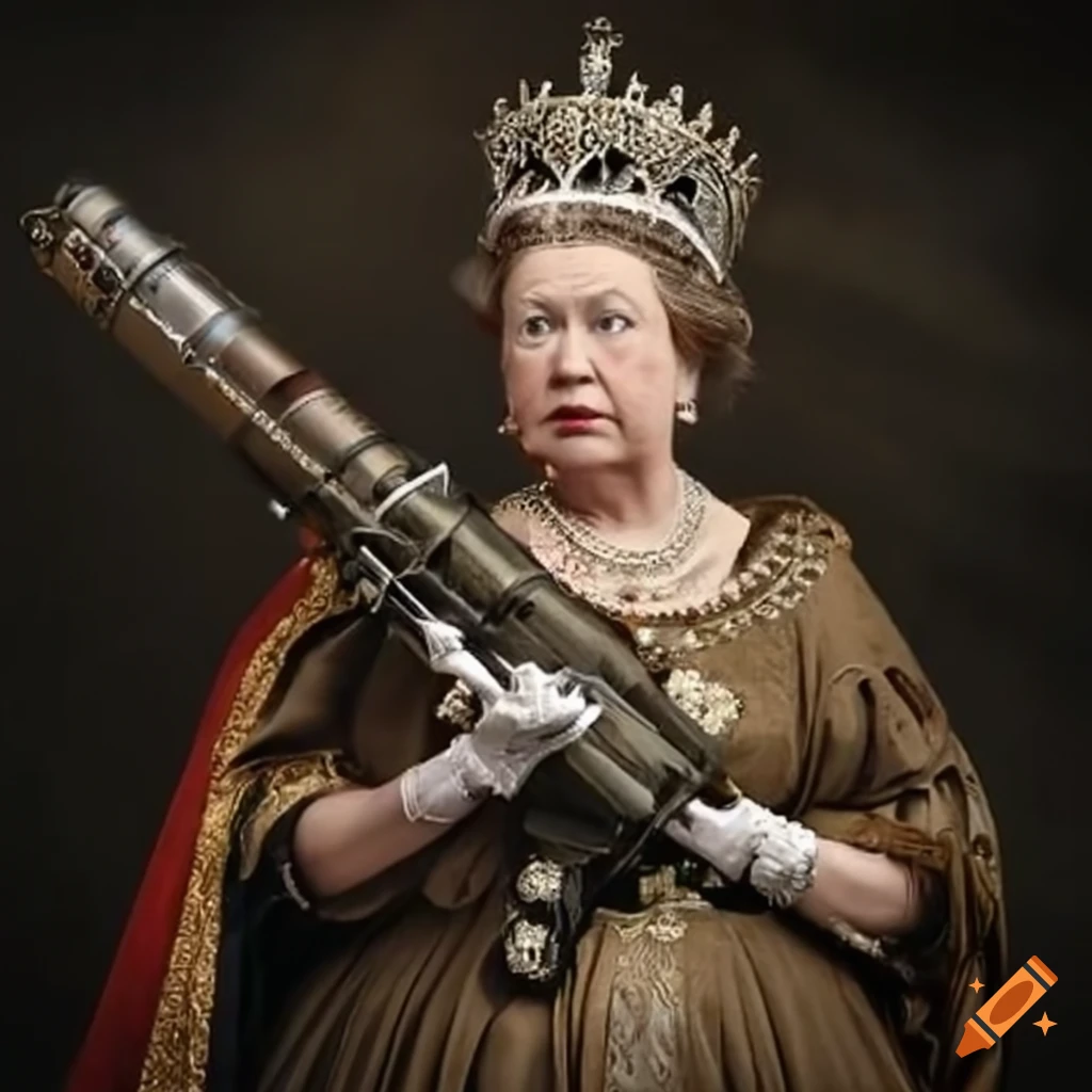 satirical artwork of Queen of England with a bazooka