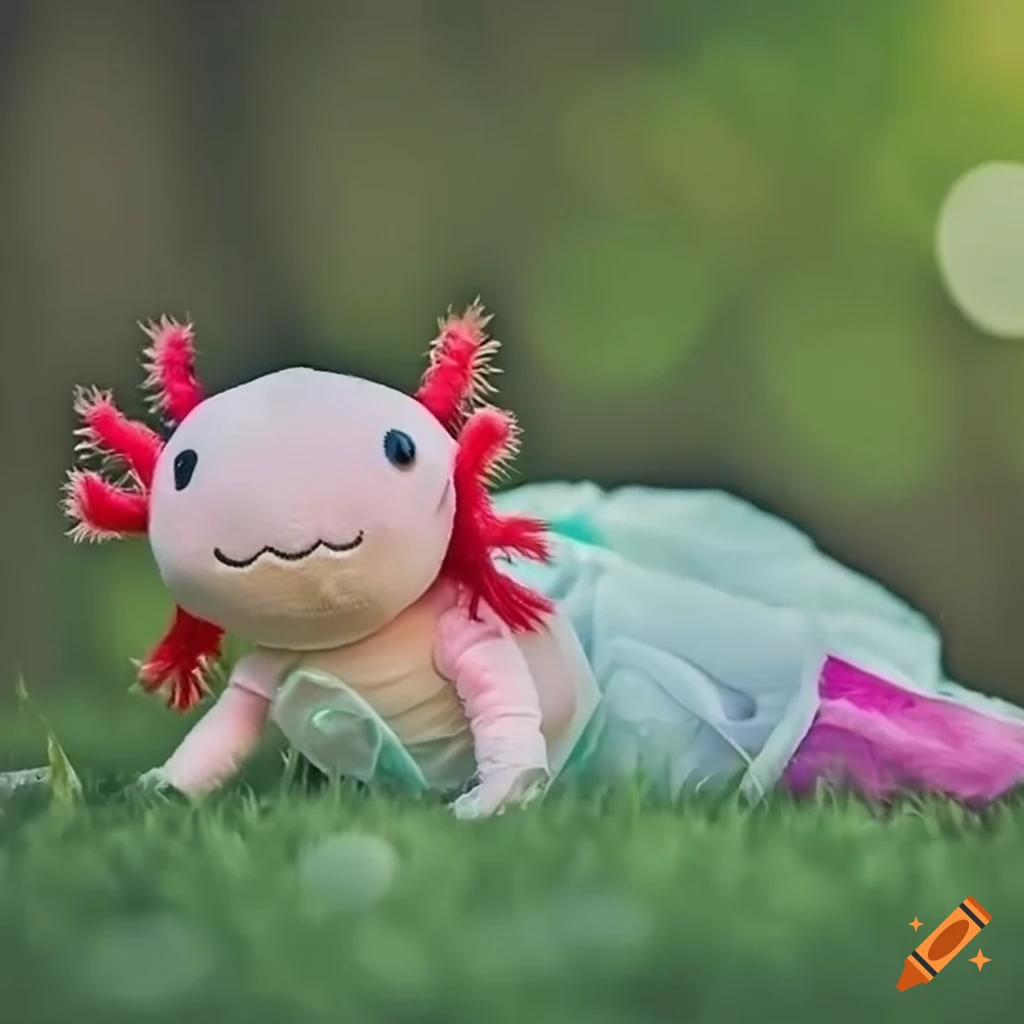 kawaii axolotl plush lying on grass