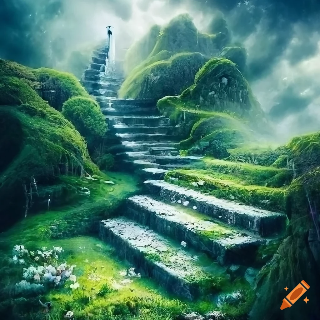 surreal artwork of a long staircase leading to a magical world