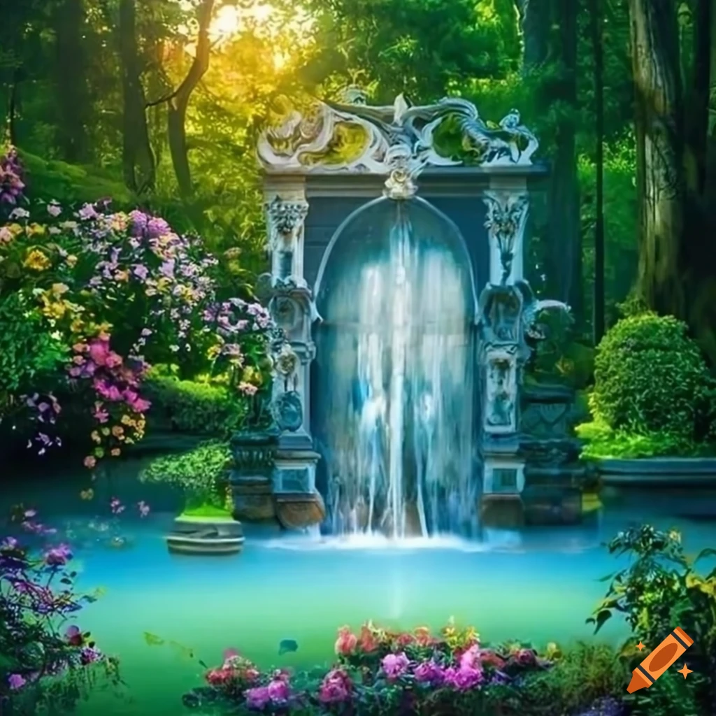 Victorian garden balcony overlooking a waterfall on Craiyon