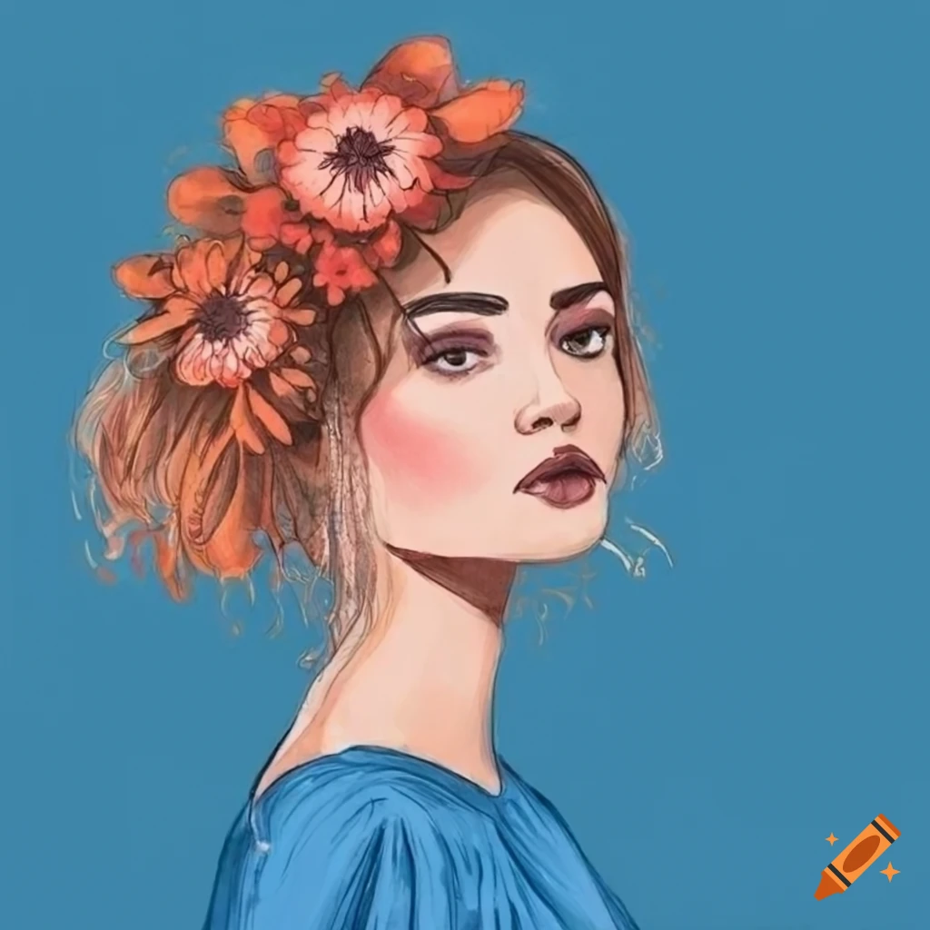drawing of a woman wearing a blue floral sun dress