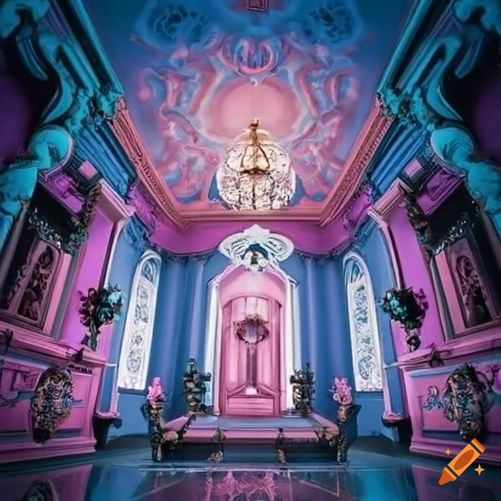 pastel pink and blue haunted mansion with high ceiling