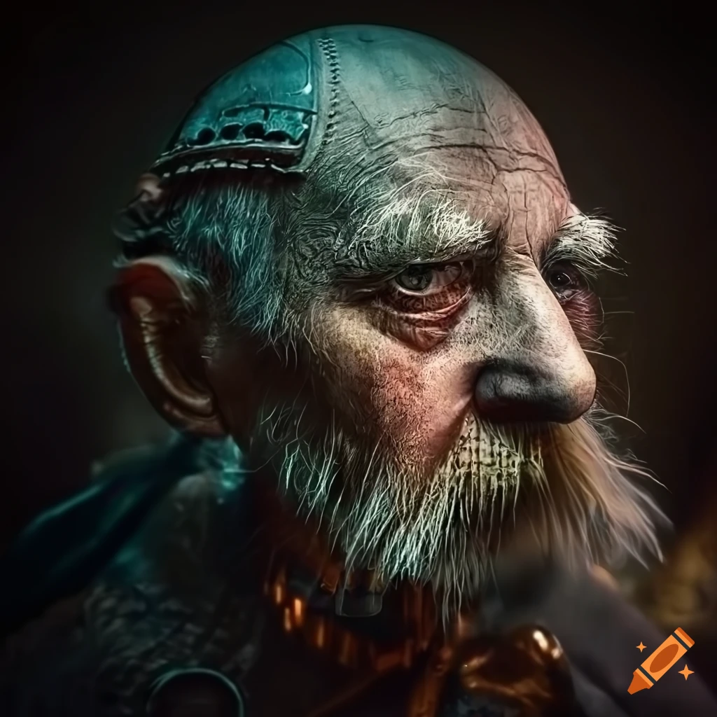 intricately designed cyberpunk artwork of an old man with a mechanical cat