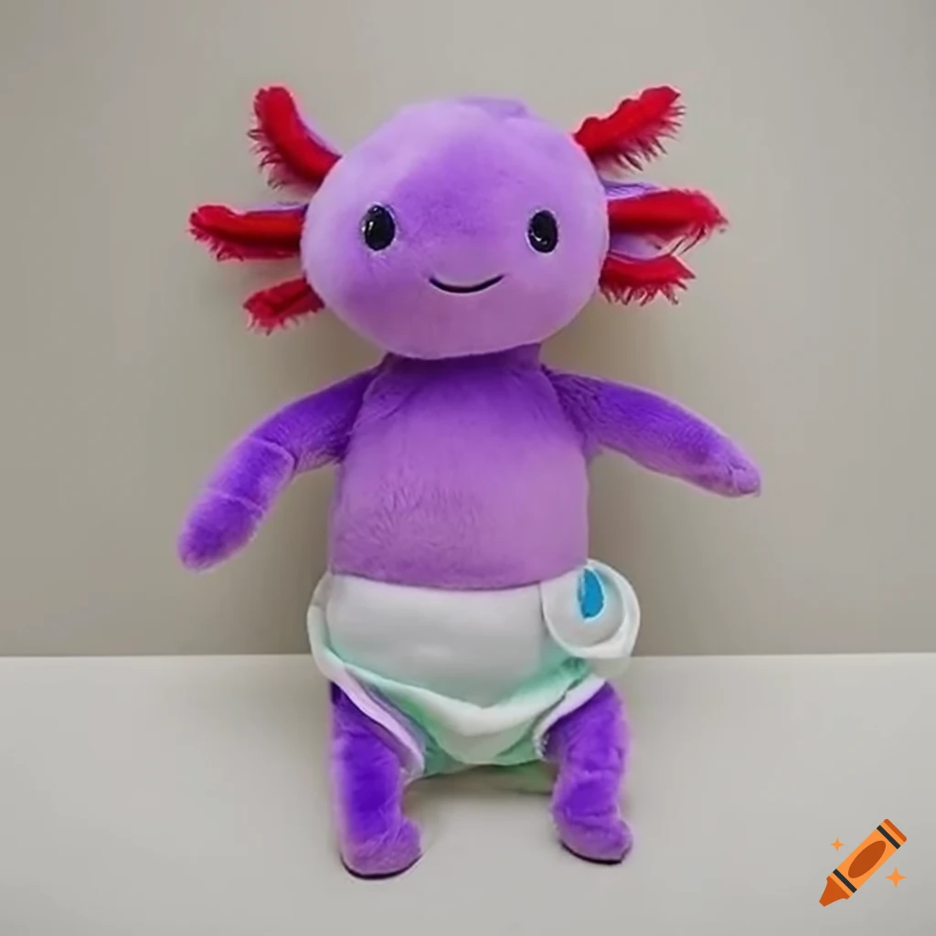 axolotl plush mascot sitting on display shelf