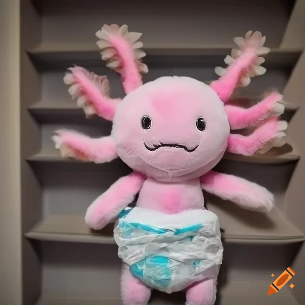 axolotl plush mascot sitting on display shelf