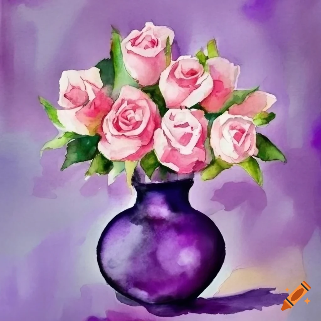 Watercolor painting of pink roses in purple vase