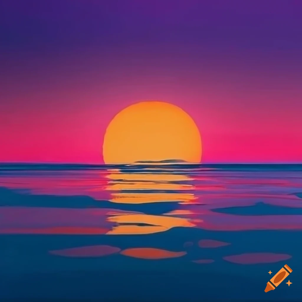 Abstract 80s-style sunset artwork with ocean reflection on Craiyon