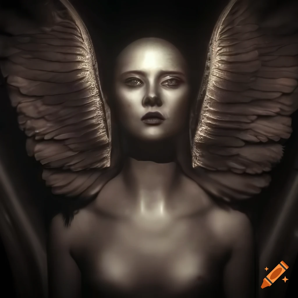 photorealistic depiction of a mid-century terran angel with wings