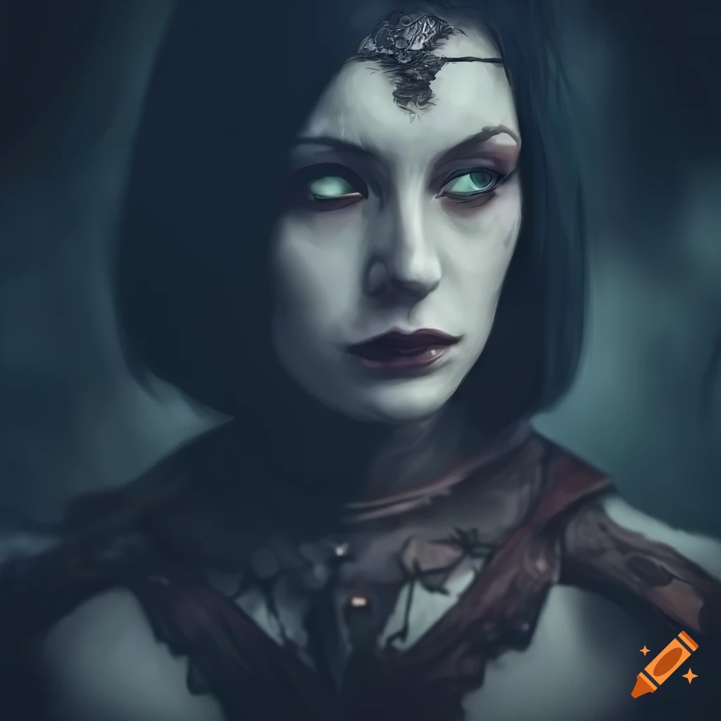 dark fantasy artwork of elvish nymph warrior on a cemetery background