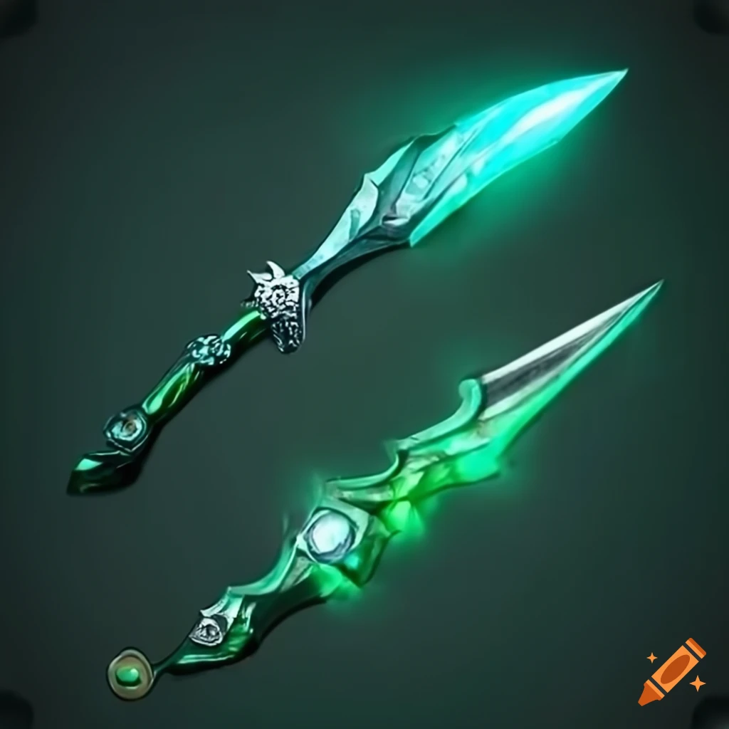 Magical weapons set with emerald blades on Craiyon