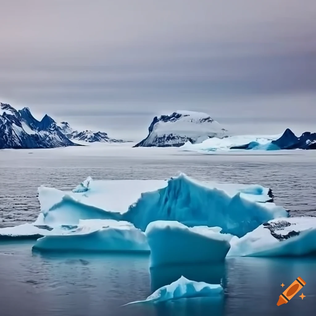 snowy mountains and icebergs in Antarctica