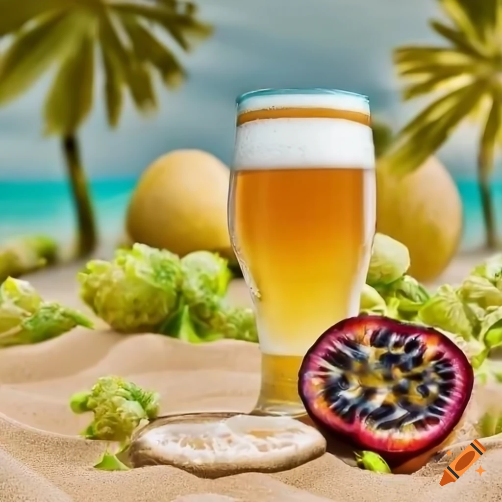 glass of beer with passion fruit and hop flowers on a sandy beach