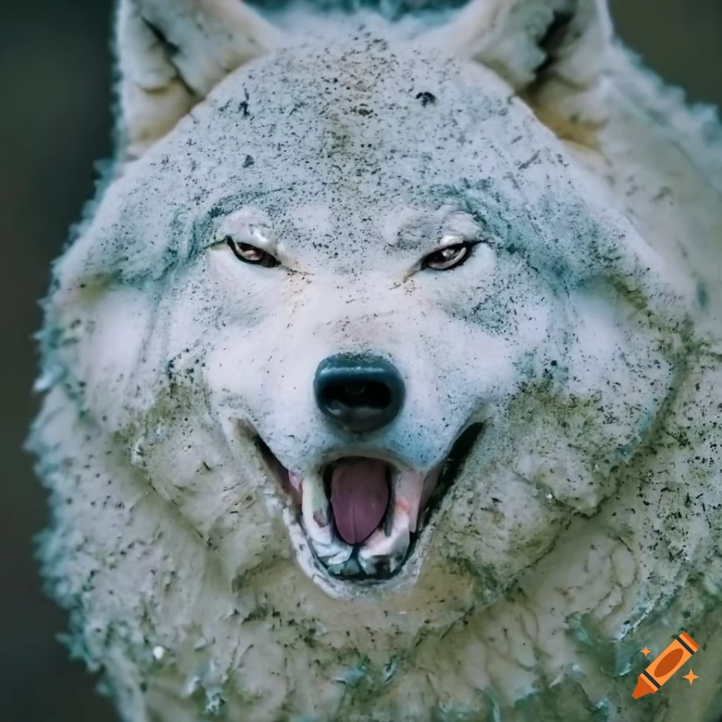 muddy white wolf with closed eyes