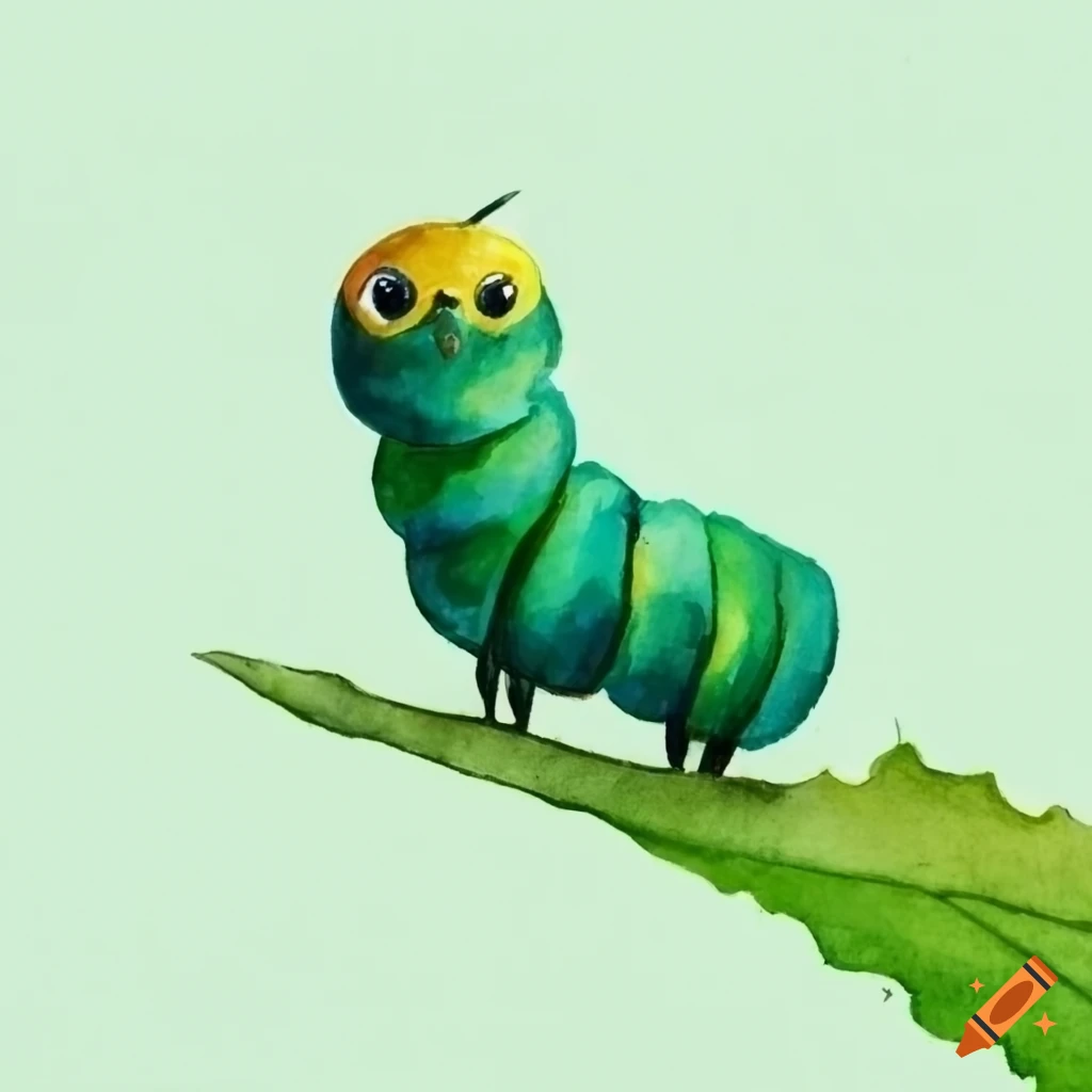 watercolor illustration of a caterpillar and bird on a leaf