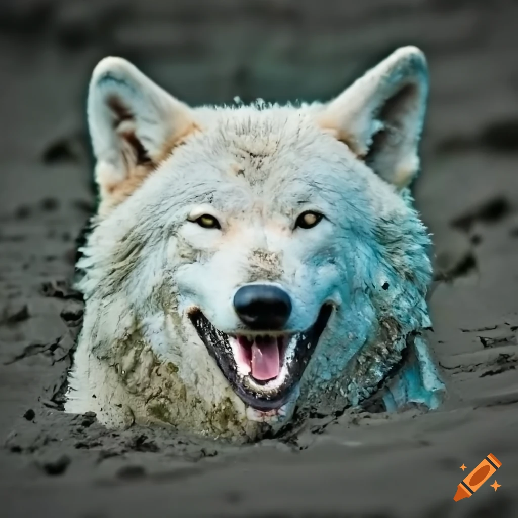 smiling white wolf covered in mud