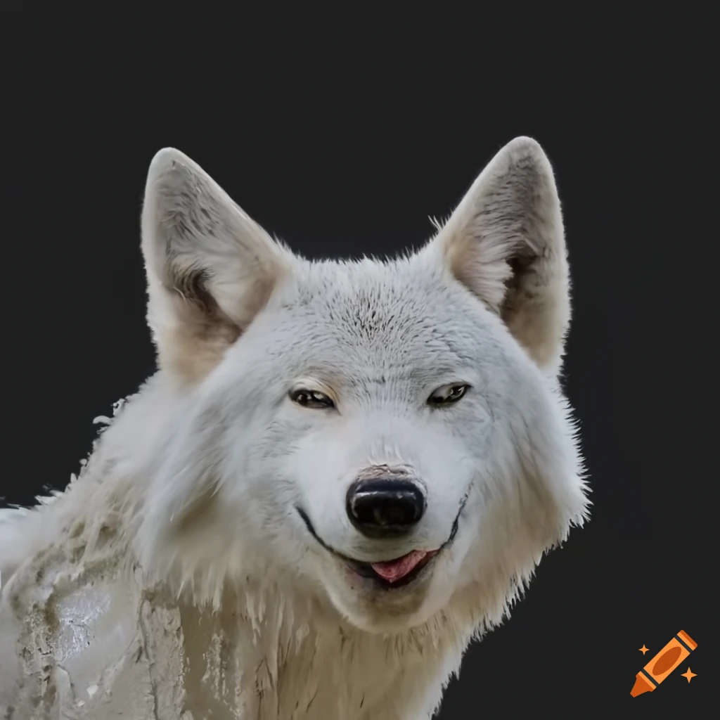 muddy white wolf with a happy expression