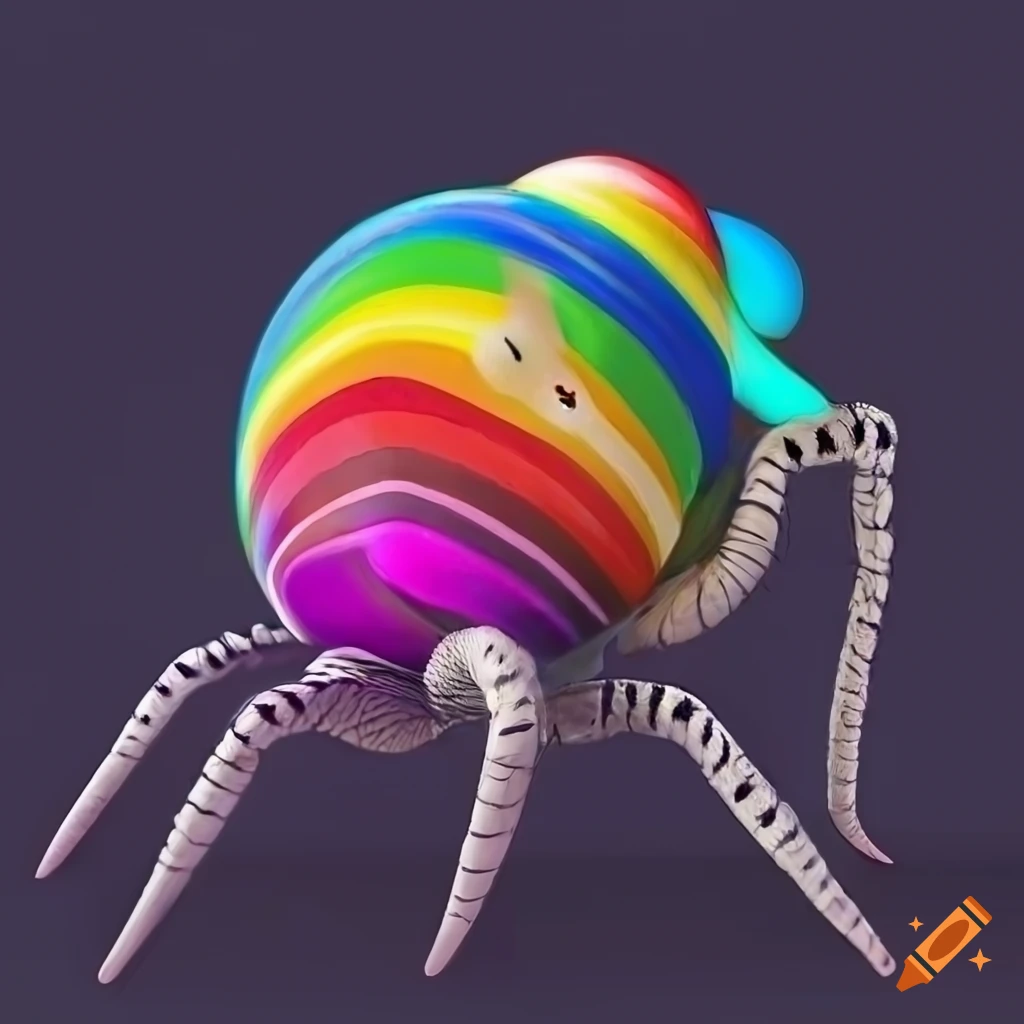 stylized black and white arachnid with rainbow stripes