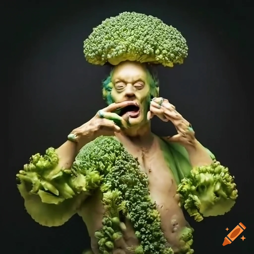 Funny illustration of a broccoliheaded disco man on Craiyon