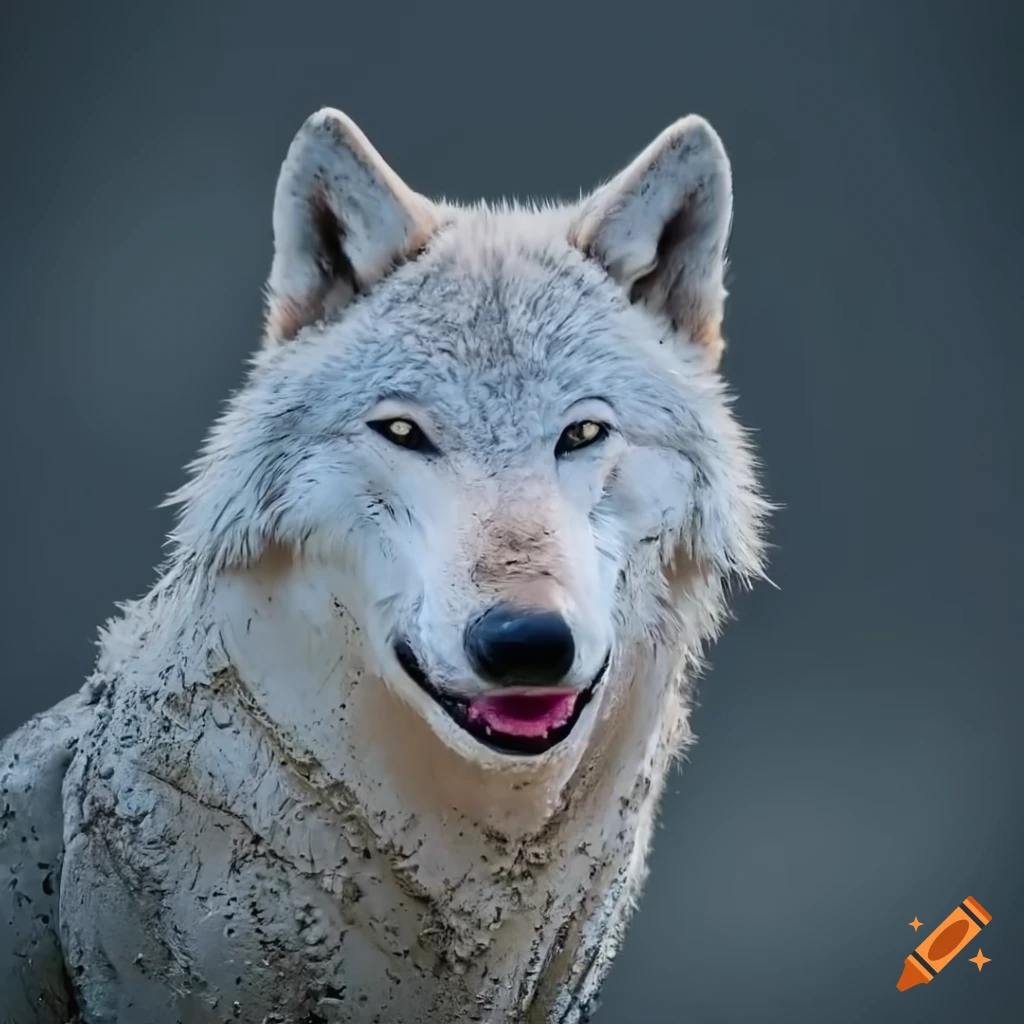 white wolf covered in mud