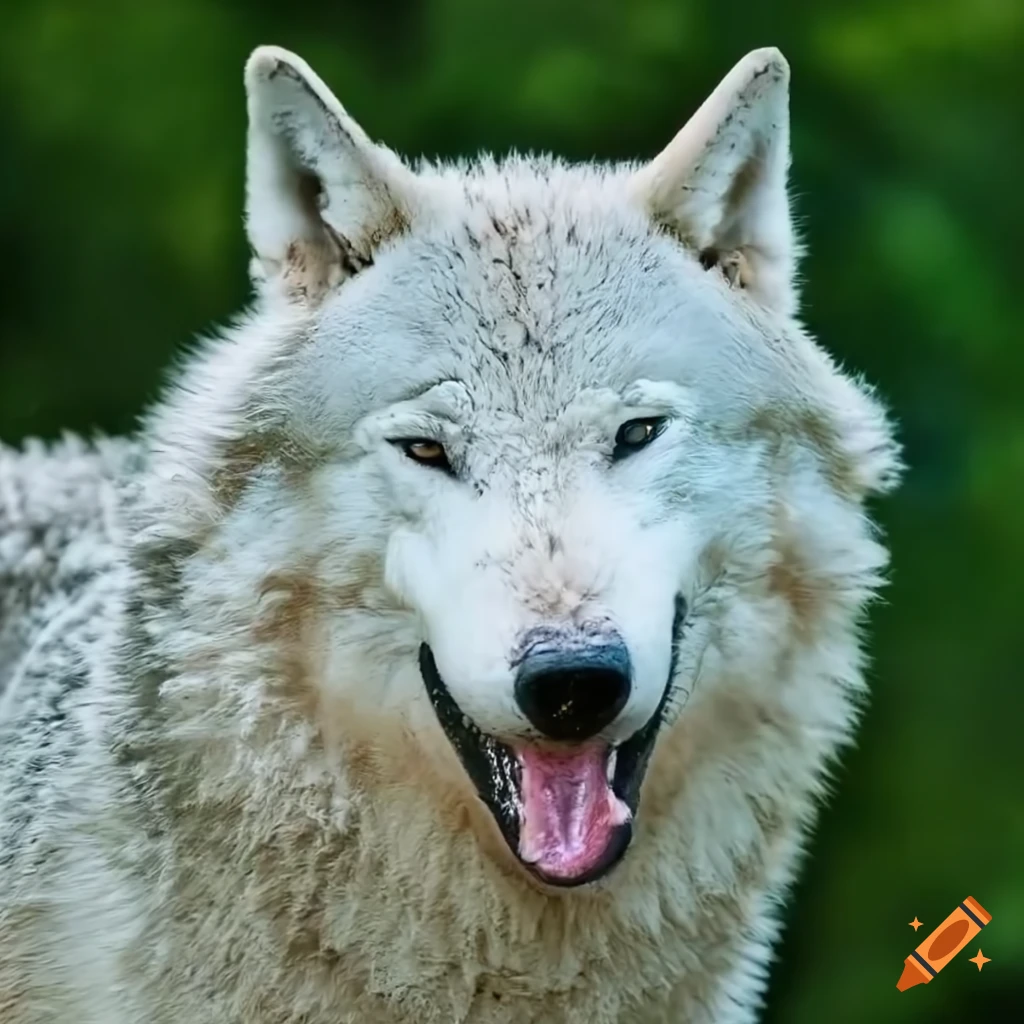 smiling white wolf covered in mud