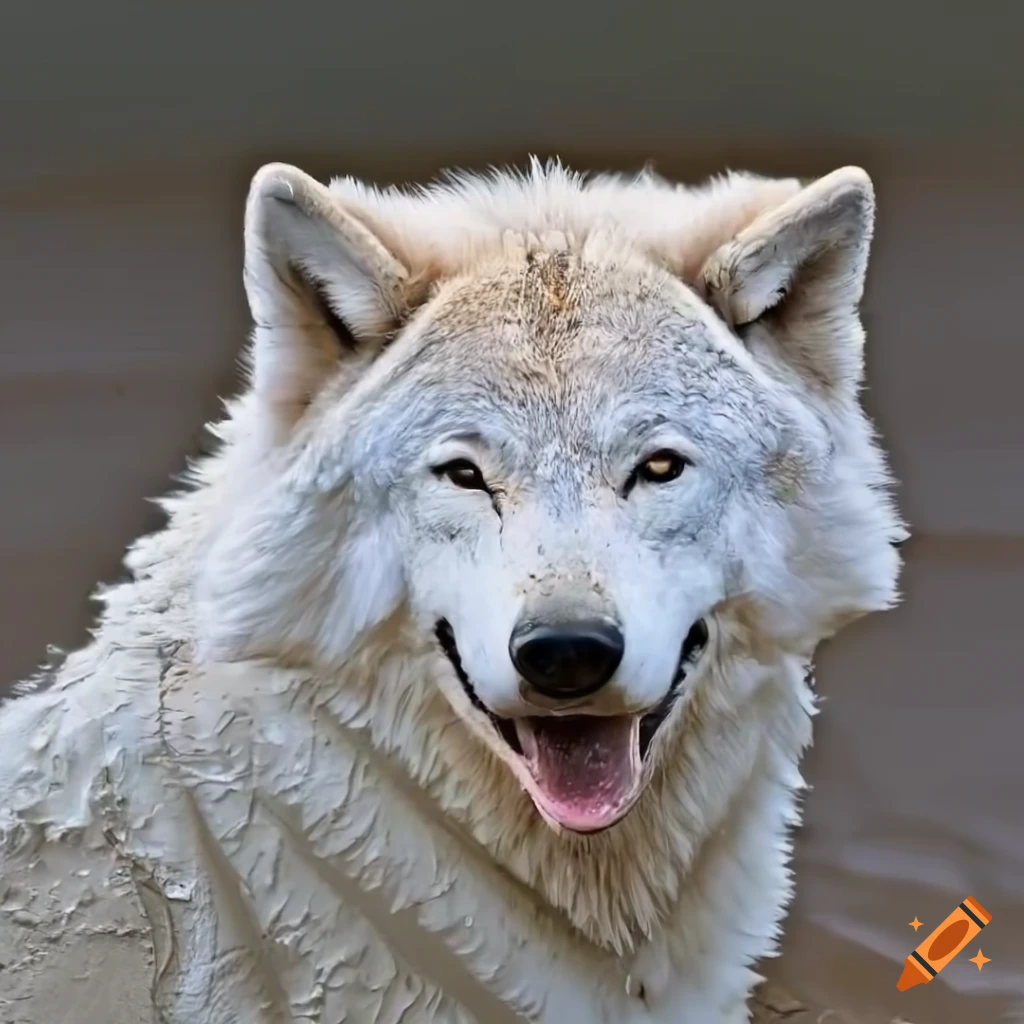 realistic painting of a muddy white wolf