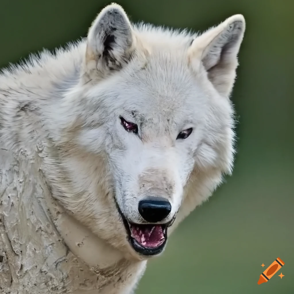 smiling white wolf covered in mud