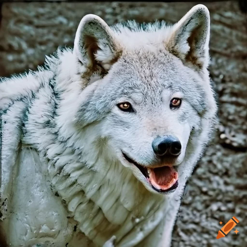 smiling white wolf covered in mud