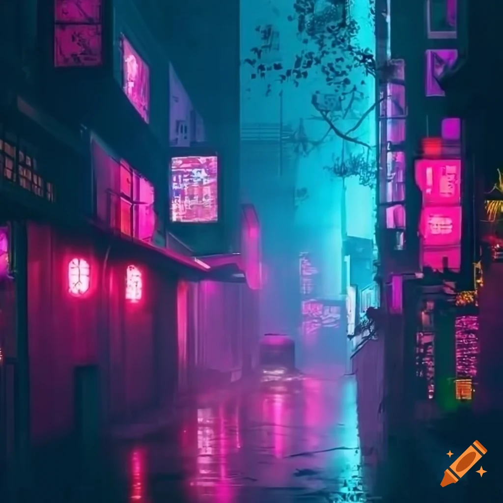 foggy cyberpunk Asian street in fuchsia with rain