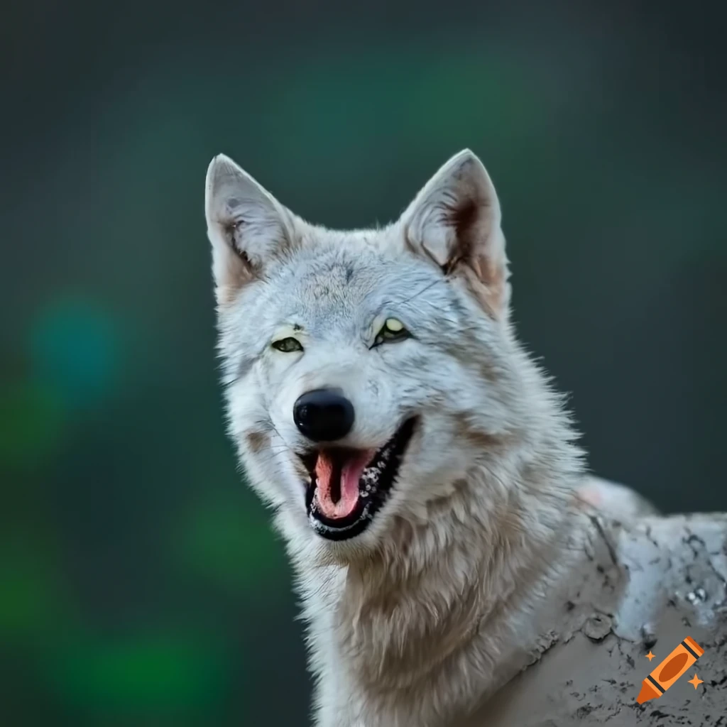 smiling white wolf covered in mud