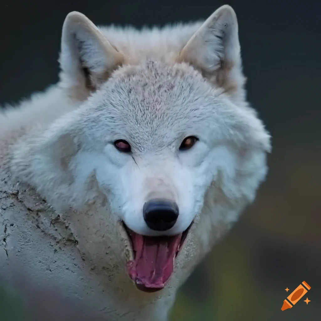 smiling white wolf covered in mud