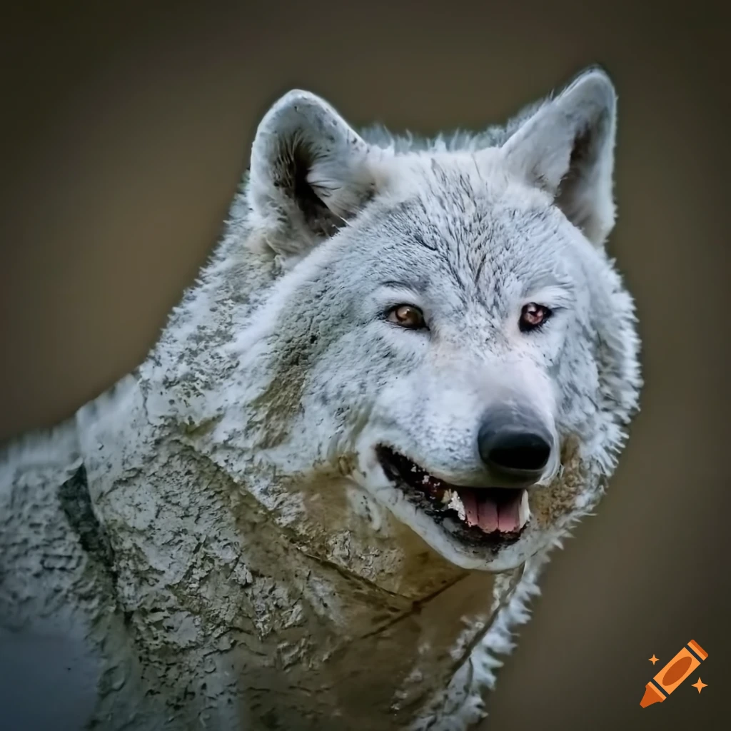picture of a muddy white wolf with a big smile