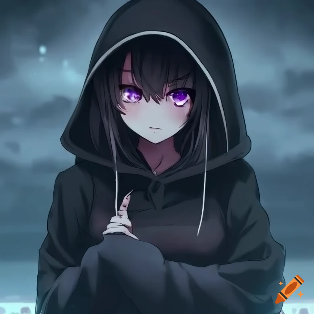 anime girl in black hoodie with a mysterious look
