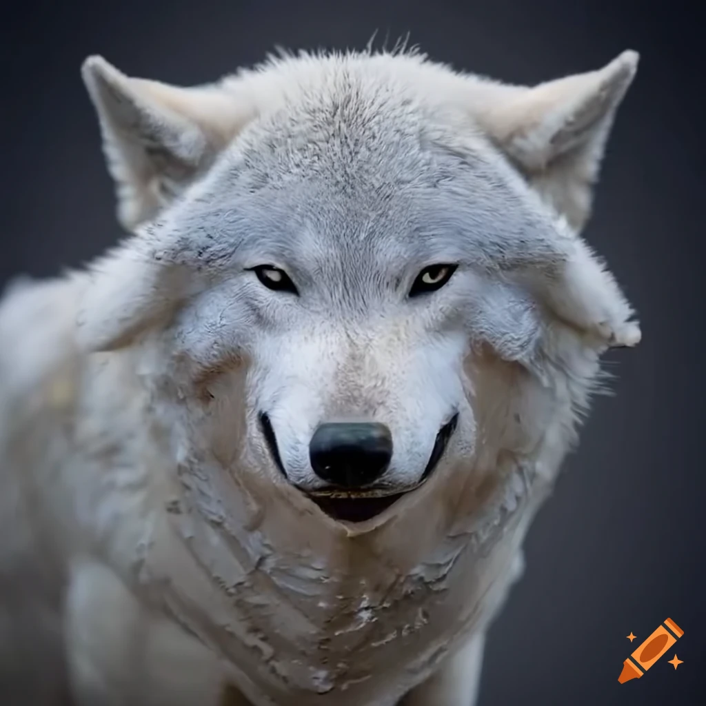 smiling white wolf covered in mud
