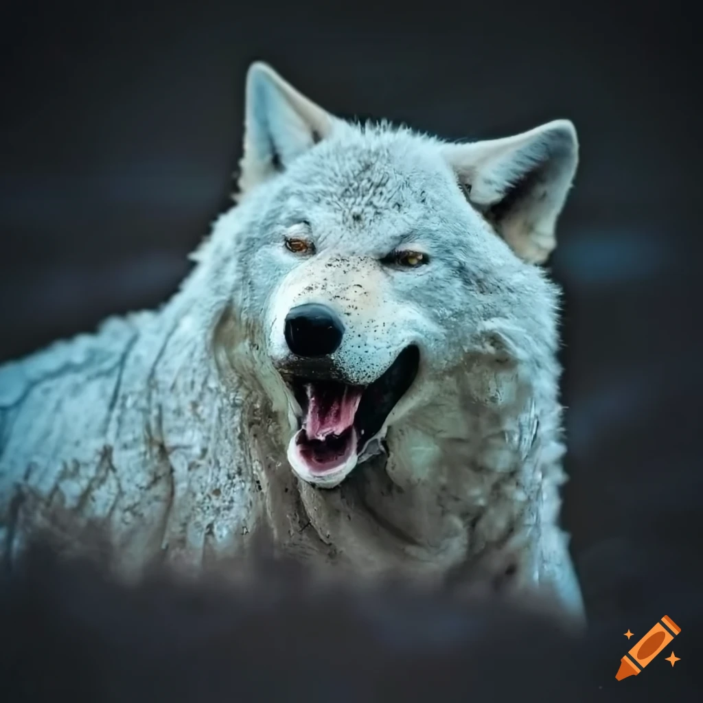 smiling white wolf covered in mud