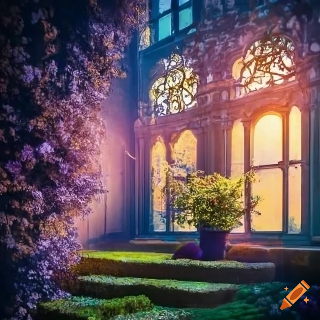 crystal window in a garden house at dawn