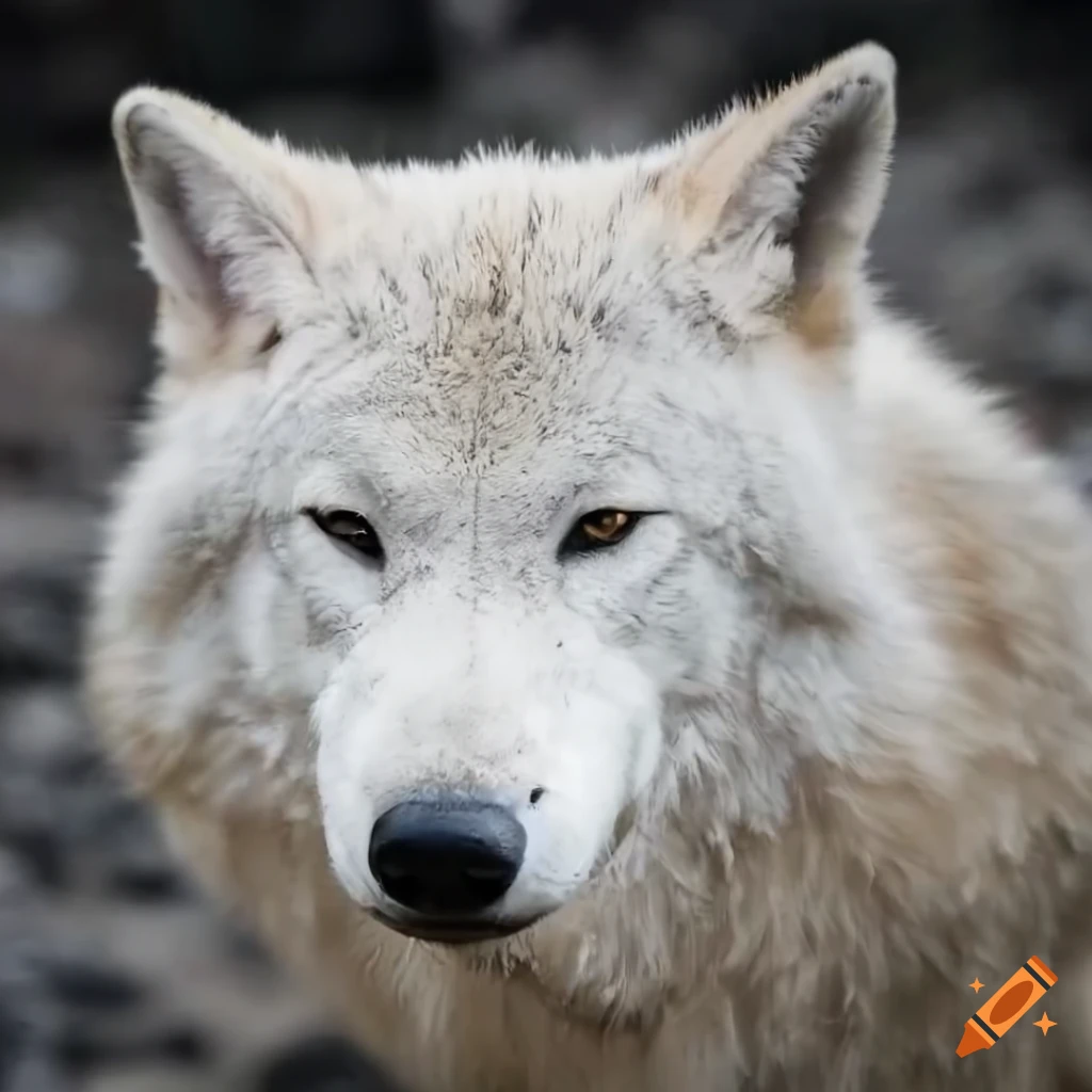 smiling white wolf covered in mud