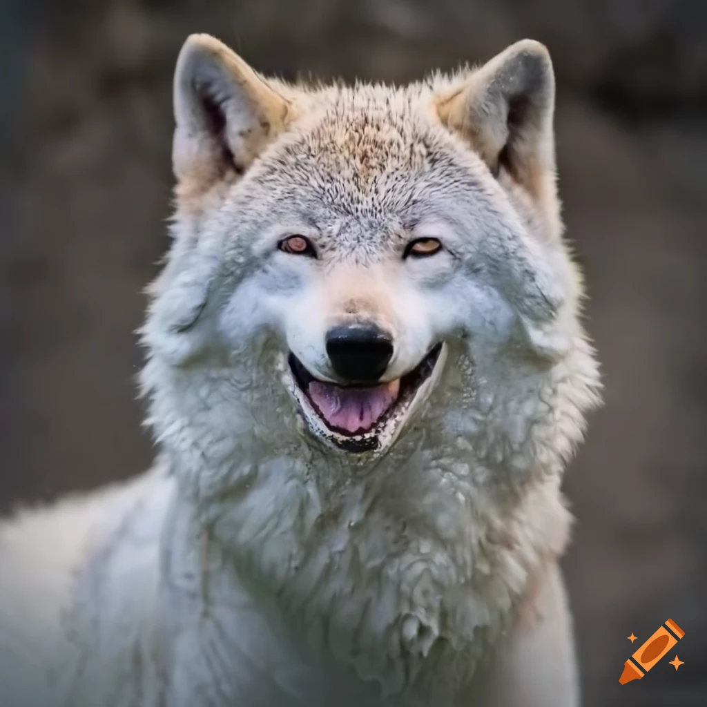 muddy white wolf with a joyful expression