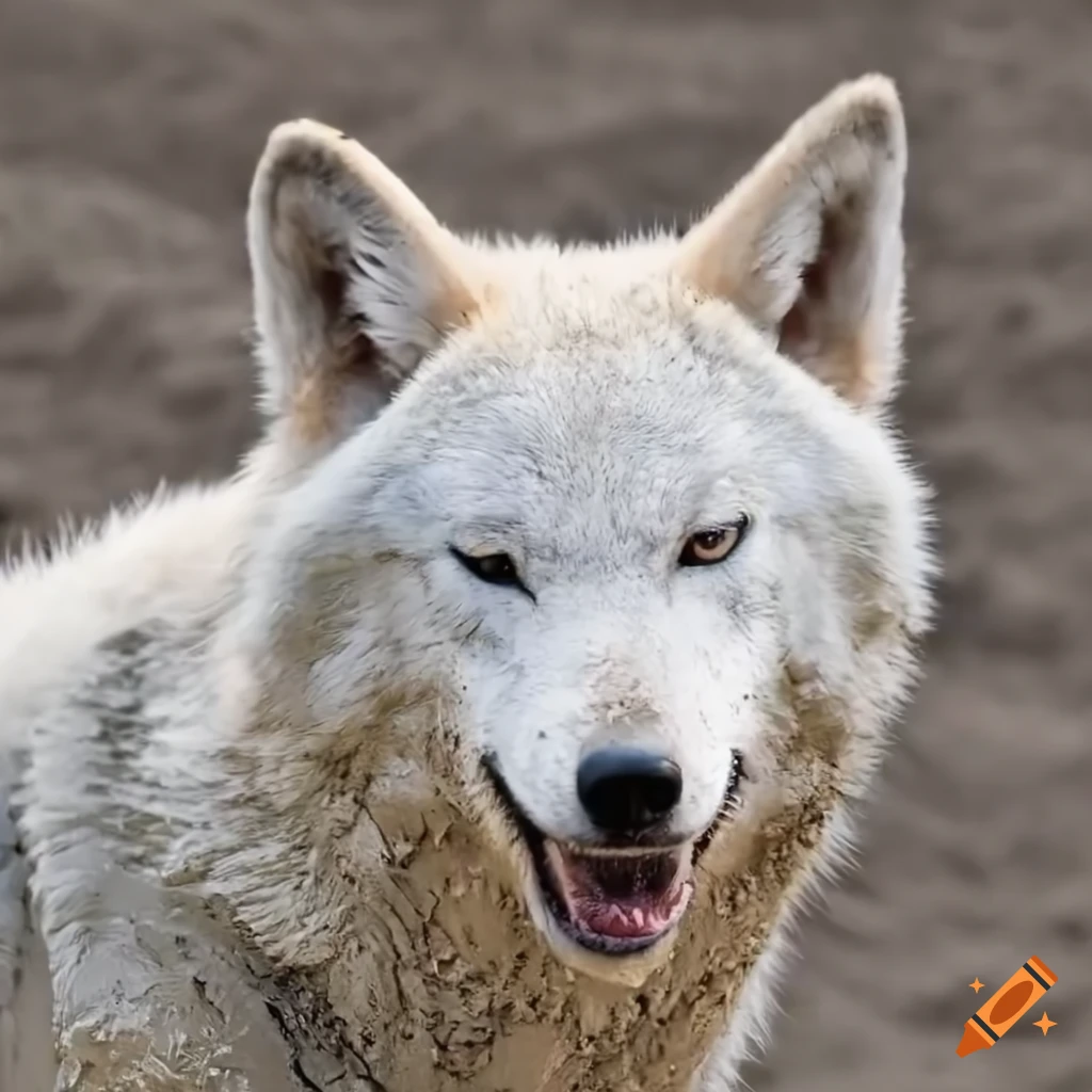 white wolf covered in mud
